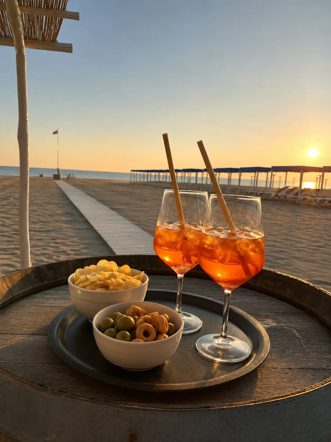 Aperitivo Spritz al tramonto sulla spiaggia del Bagno Carla, Vittoria Apuana