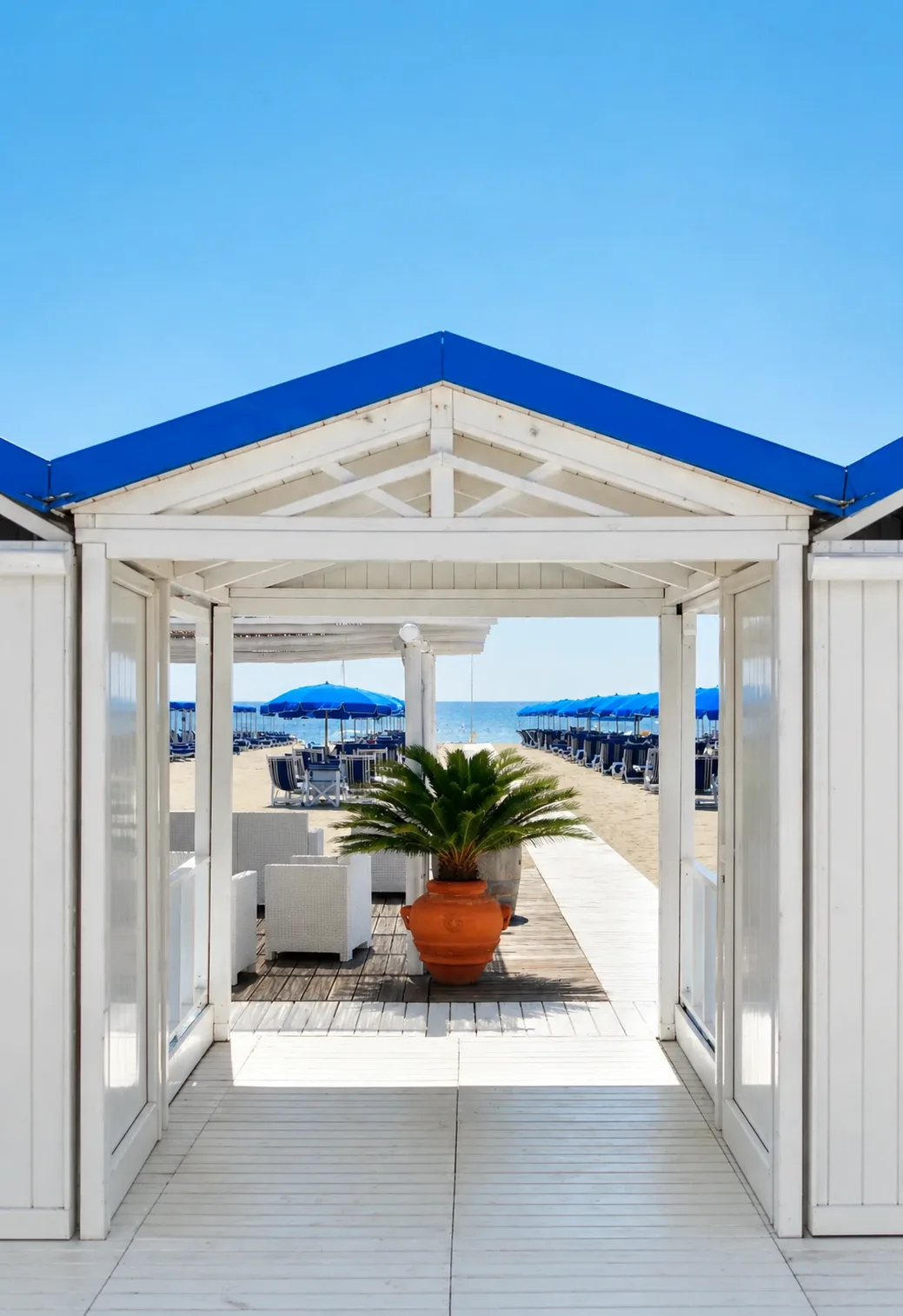 Ingresso a portico del Bagno Carla con palma sago e vaso in terracotta, Forte dei Marmi
